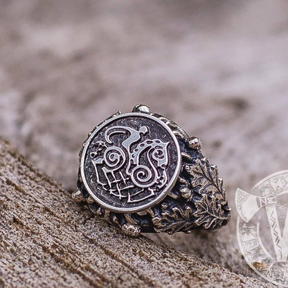 Sleipnir with Oak Leaves and Acorns Sterling Silver Viking Ring - VikingsBrand