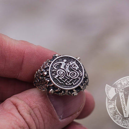 Sleipnir with Oak Leaves and Acorns Sterling Silver Viking Ring - VikingsBrand