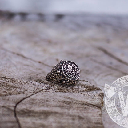 Sleipnir with Oak Leaves and Acorns Sterling Silver Viking Ring - VikingsBrand