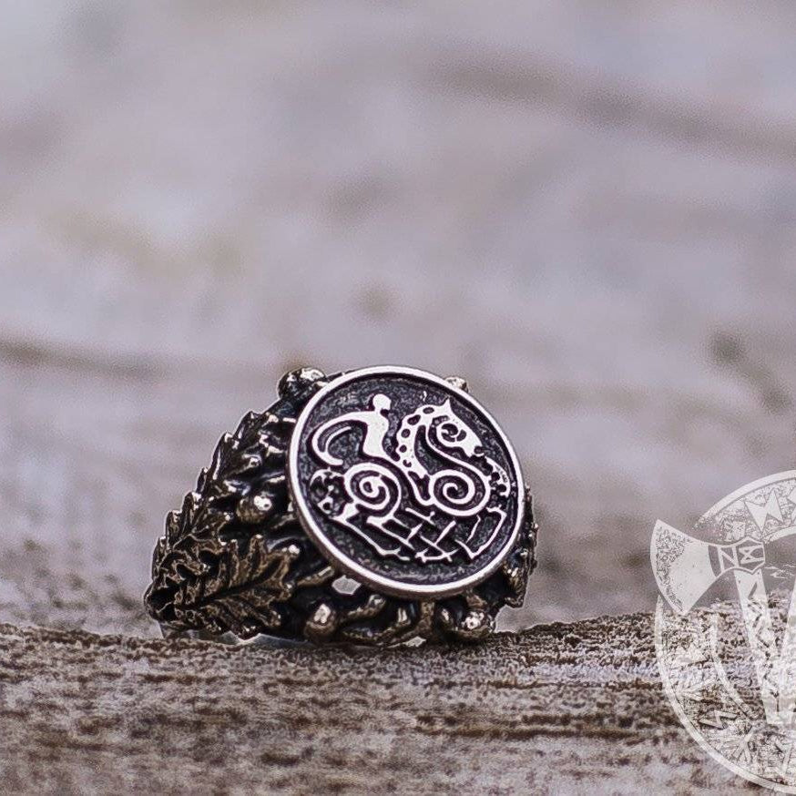 Sleipnir with Oak Leaves and Acorns Sterling Silver Viking Ring - VikingsBrand