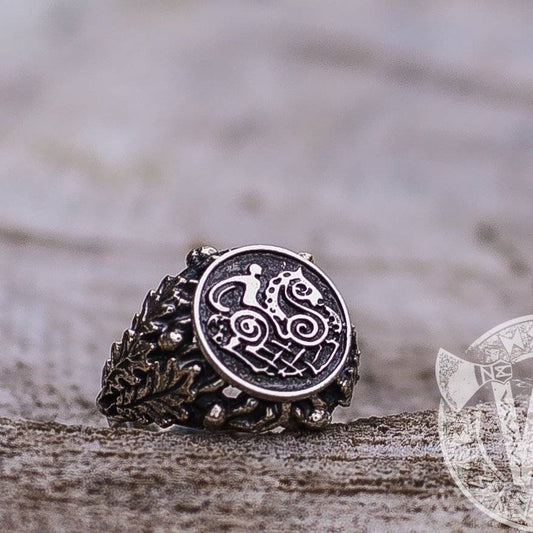 Sleipnir with Oak Leaves and Acorns Sterling Silver Viking Ring - VikingsBrand