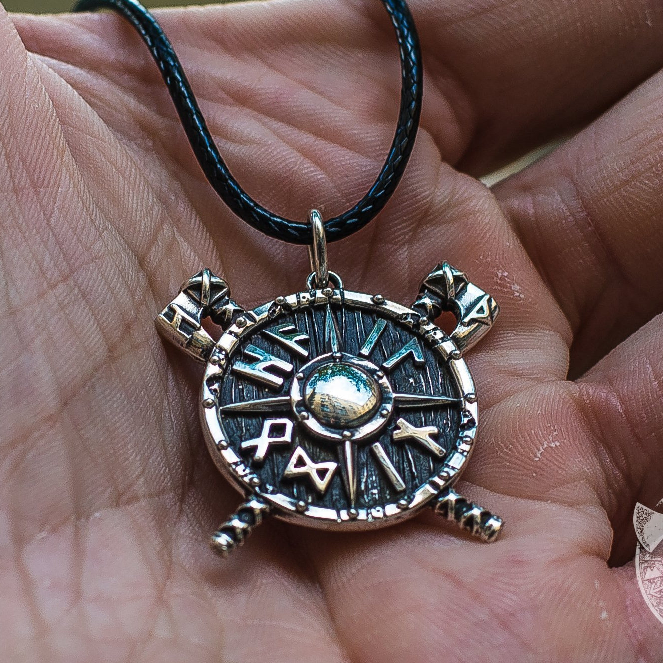 Small Viking Shield with Axes and Runes 925 Sterling Silver Pendant - VikingsBrand