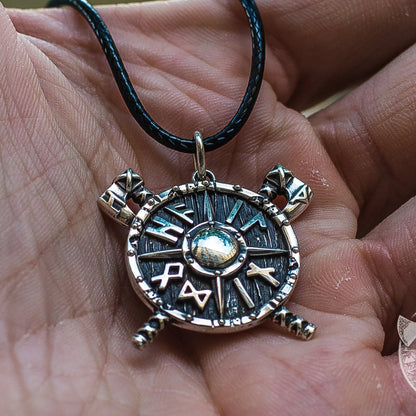 Small Viking Shield with Axes and Runes 925 Sterling Silver Pendant - VikingsBrand