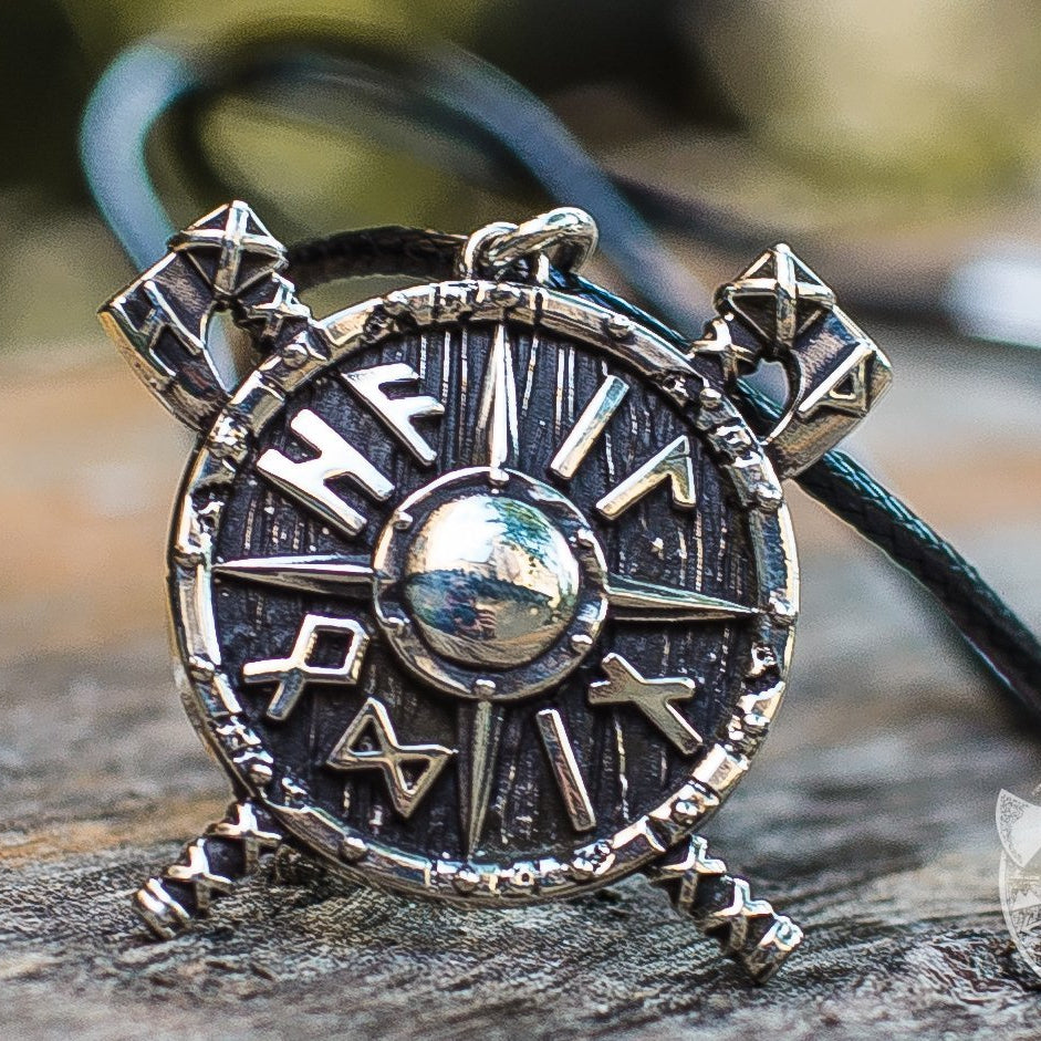 Small Viking Shield with Axes and Runes 925 Sterling Silver Pendant - VikingsBrand