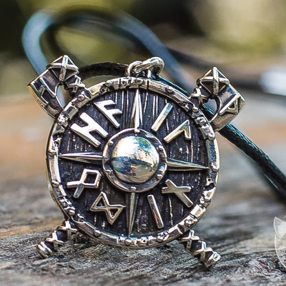 Small Viking Shield with Axes and Runes 925 Sterling Silver Pendant - VikingsBrand