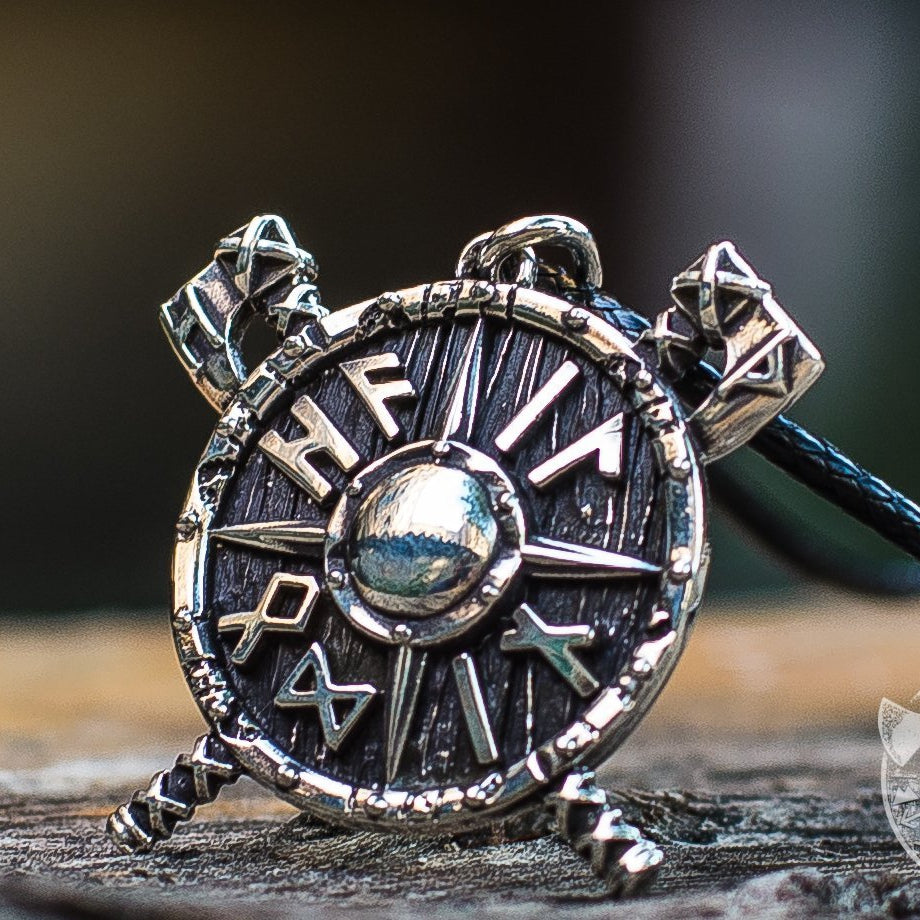 Small Viking Shield with Axes and Runes 925 Sterling Silver Pendant - VikingsBrand
