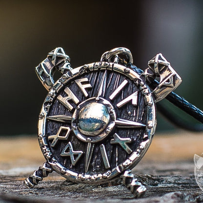 Small Viking Shield with Axes and Runes 925 Sterling Silver Pendant - VikingsBrand