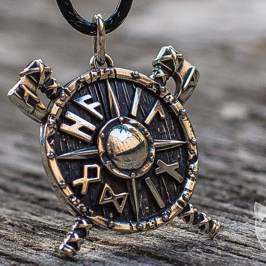 Small Viking Shield with Axes and Runes 925 Sterling Silver Pendant - VikingsBrand