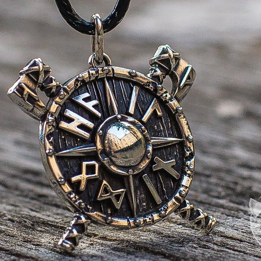 Small Viking Shield with Axes and Runes 925 Sterling Silver Pendant - VikingsBrand