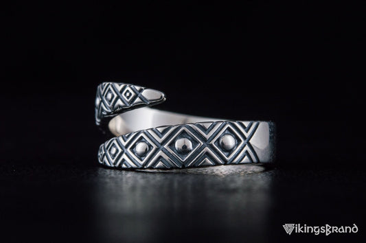 Snake Viking Style Ring with Geometry Ornament Sterling Silver Jewelry