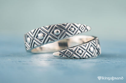 Snake Viking Style Ring with Geometry Ornament Sterling Silver Jewelry