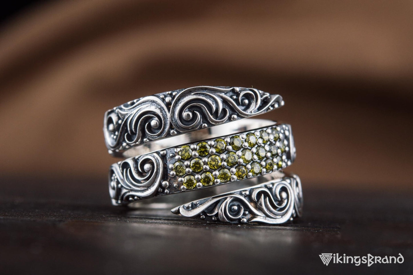 Snake Viking Style Ring with Ornament and Gems Sterling Silver Handmade Jewelry