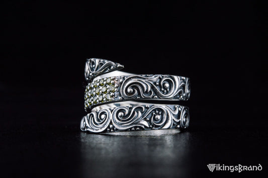 Snake Viking Style Ring with Ornament and Gems Sterling Silver Handmade Jewelry