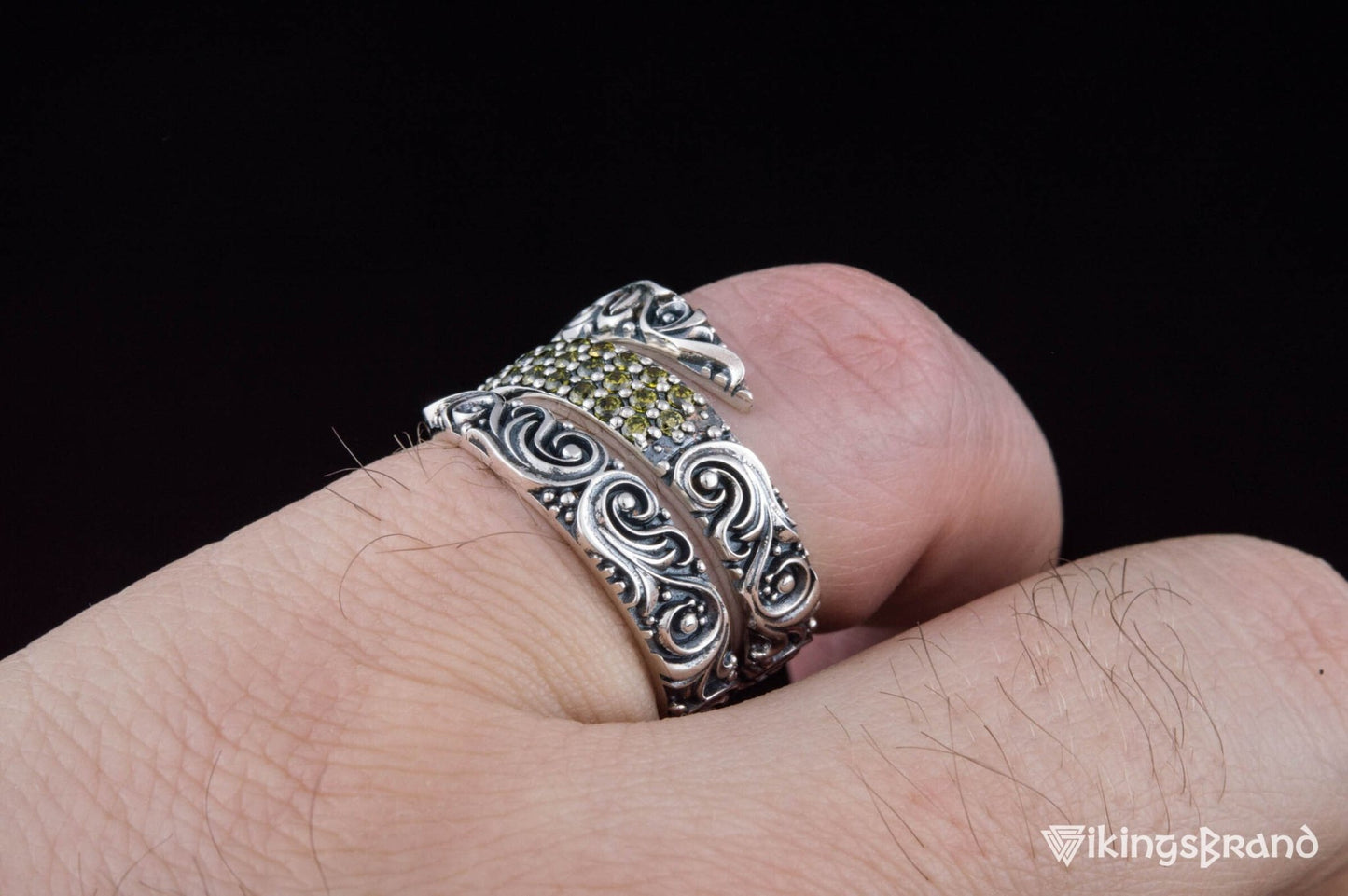 Snake Viking Style Ring with Ornament and Gems Sterling Silver Handmade Jewelry
