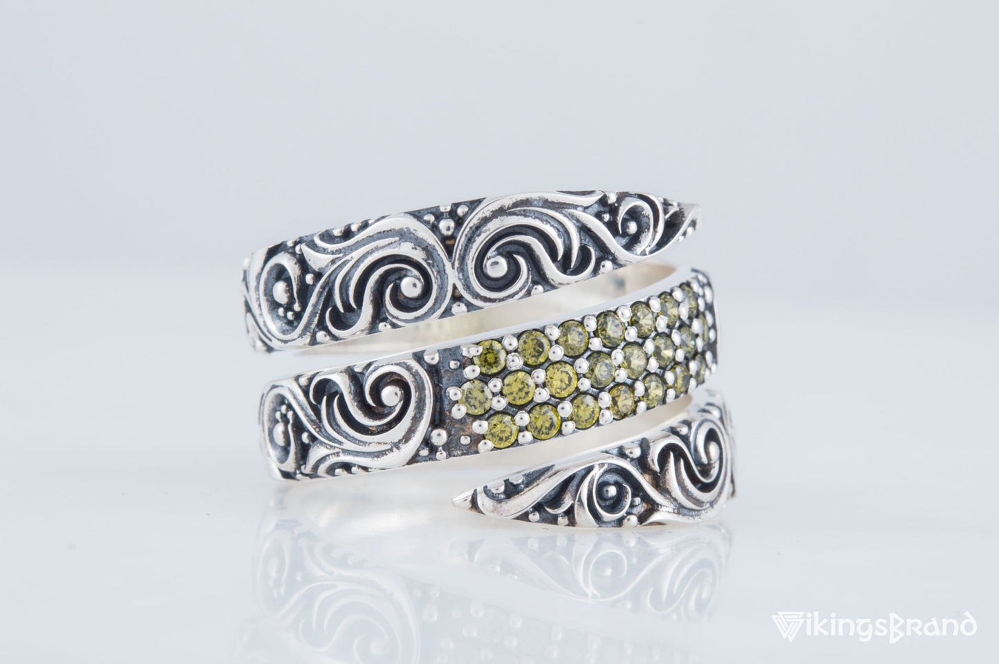 Snake Viking Style Ring with Ornament and Gems Sterling Silver Handmade Jewelry