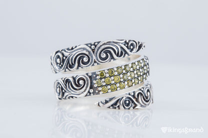 Snake Viking Style Ring with Ornament and Gems Sterling Silver Handmade Jewelry