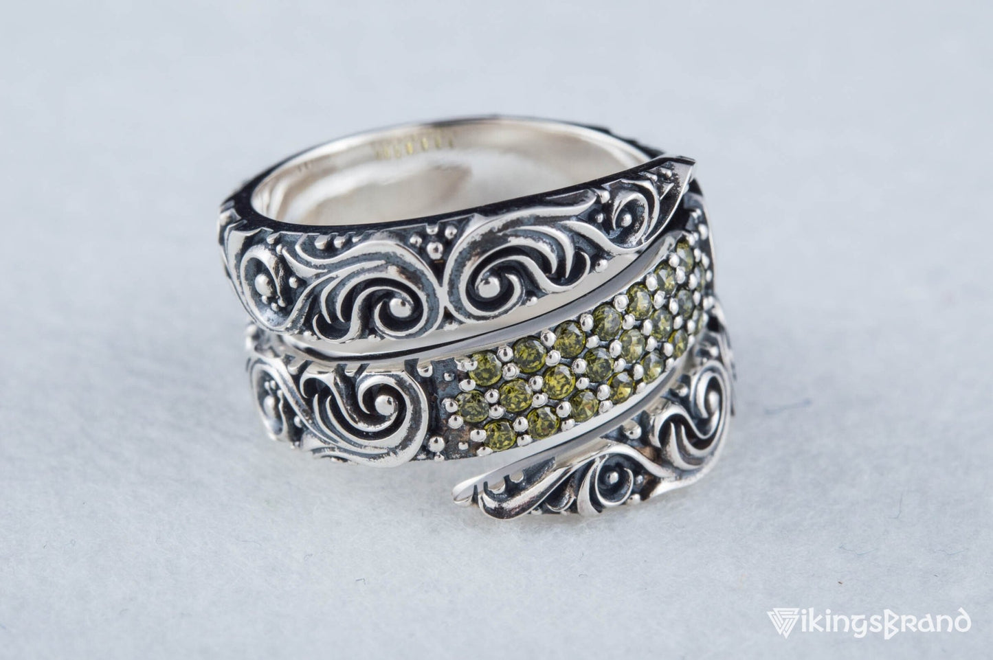 Snake Viking Style Ring with Ornament and Gems Sterling Silver Handmade Jewelry