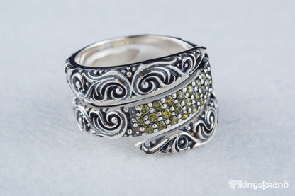 Snake Viking Style Ring with Ornament and Gems Sterling Silver Handmade Jewelry