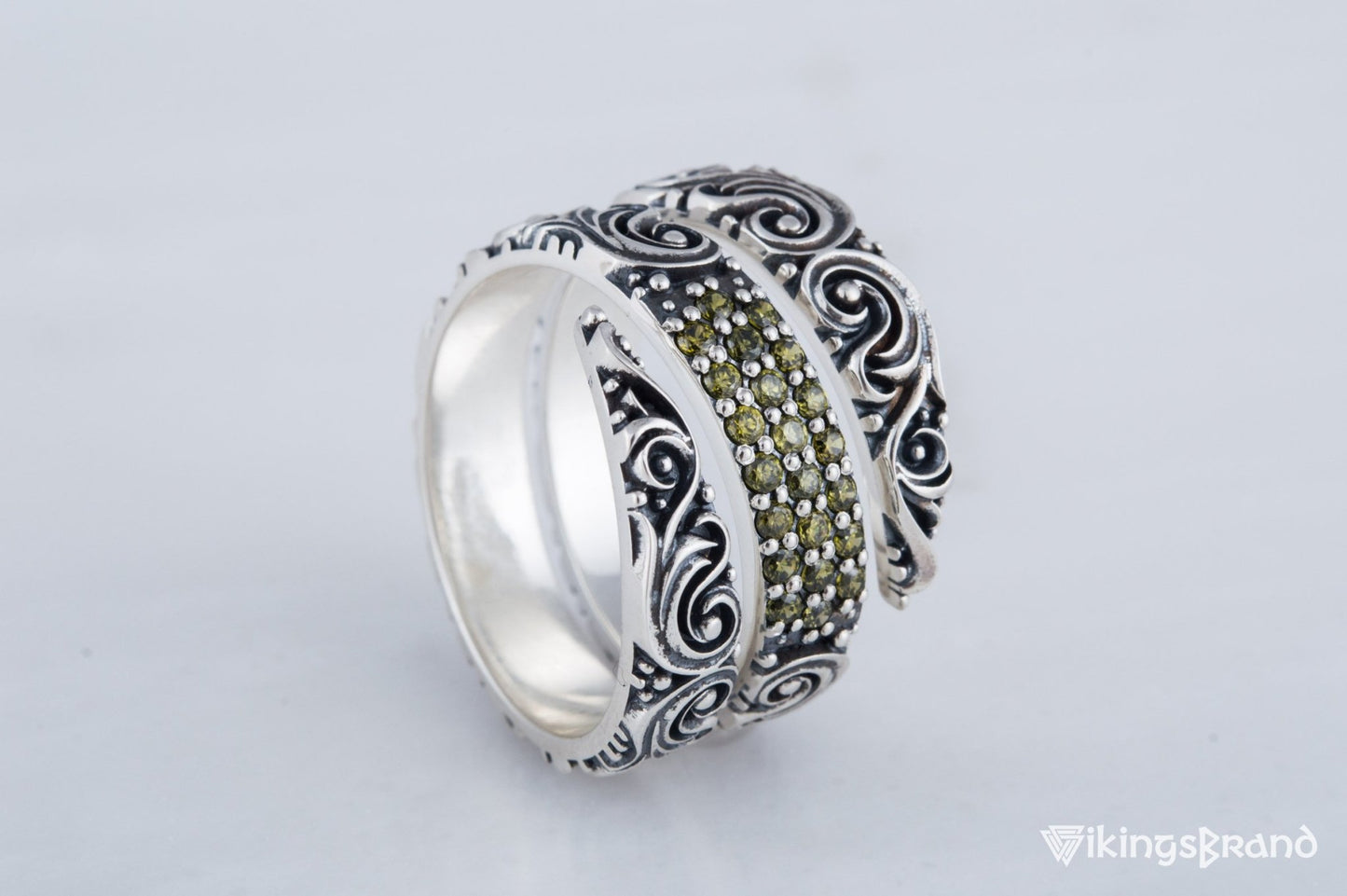 Snake Viking Style Ring with Ornament and Gems Sterling Silver Handmade Jewelry