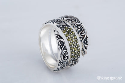 Snake Viking Style Ring with Ornament and Gems Sterling Silver Handmade Jewelry
