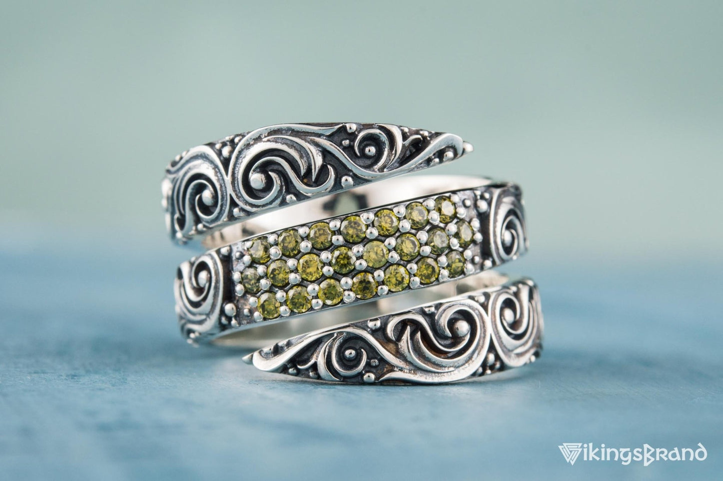 Snake Viking Style Ring with Ornament and Gems Sterling Silver Handmade Jewelry