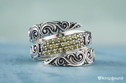 Snake Viking Style Ring with Ornament and Gems Sterling Silver Handmade Jewelry