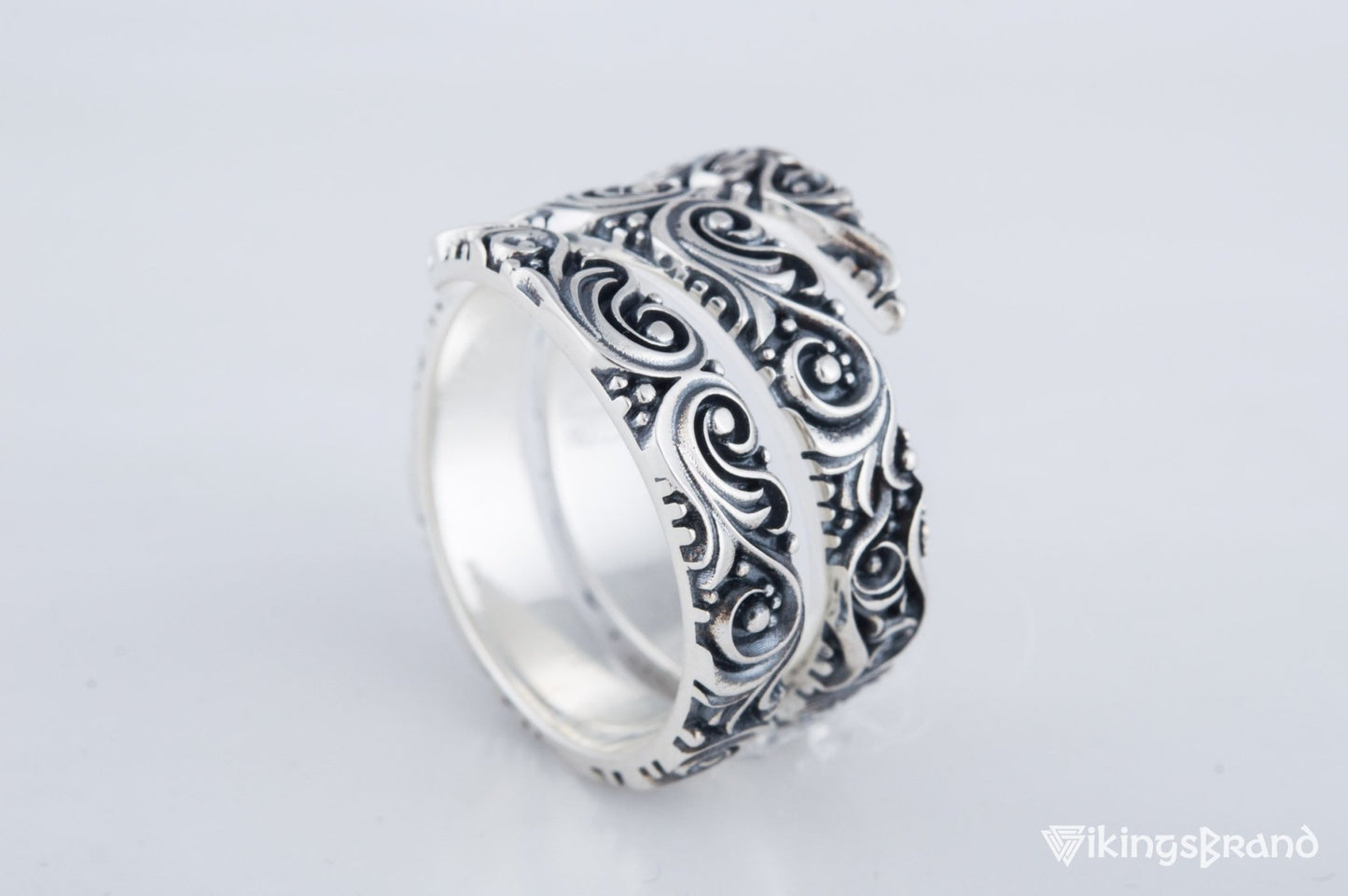 Snake Viking Style Ring with Ornament Sterling Silver Handmade Jewelry