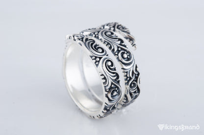 Snake Viking Style Ring with Ornament Sterling Silver Handmade Jewelry