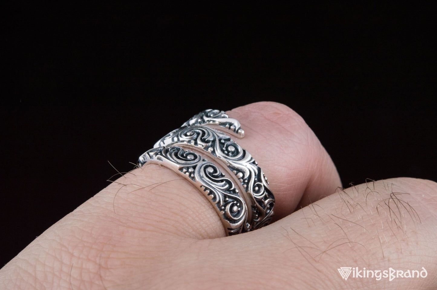 Snake Viking Style Ring with Ornament Sterling Silver Handmade Jewelry