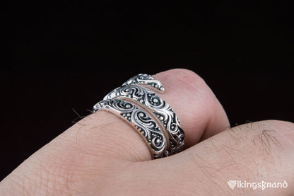 Snake Viking Style Ring with Ornament Sterling Silver Handmade Jewelry