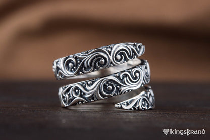 Snake Viking Style Ring with Ornament Sterling Silver Handmade Jewelry