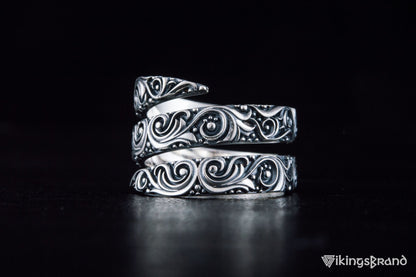 Snake Viking Style Ring with Ornament Sterling Silver Handmade Jewelry