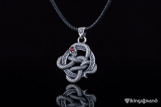 Snake Vikings Pendant with Runes and Red Cubic Zirconia Sterling Silver Norse Jewelry