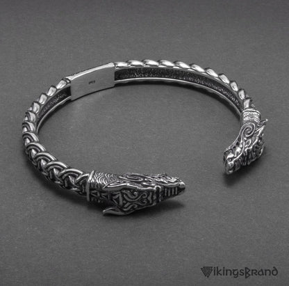 Solid 925 Sterling Silver Fenrir Arm Ring with Norse Ornaments