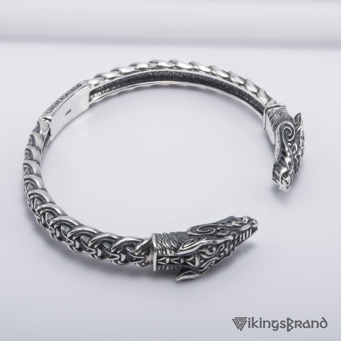 Solid 925 Sterling Silver Fenrir Arm Ring with Norse Ornaments