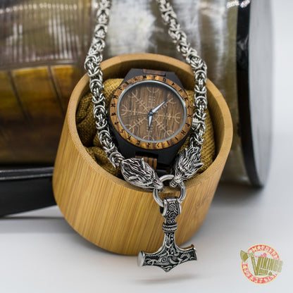 SPECIAL OFFER! Ivar Wooden Watch & Massive Chain Mjolnir Necklace - INSANE PRICE - VikingsBrand