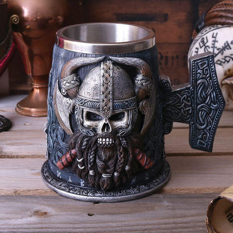 Viking Warrior Tankard with Mjolnir Handle and Steel Insert