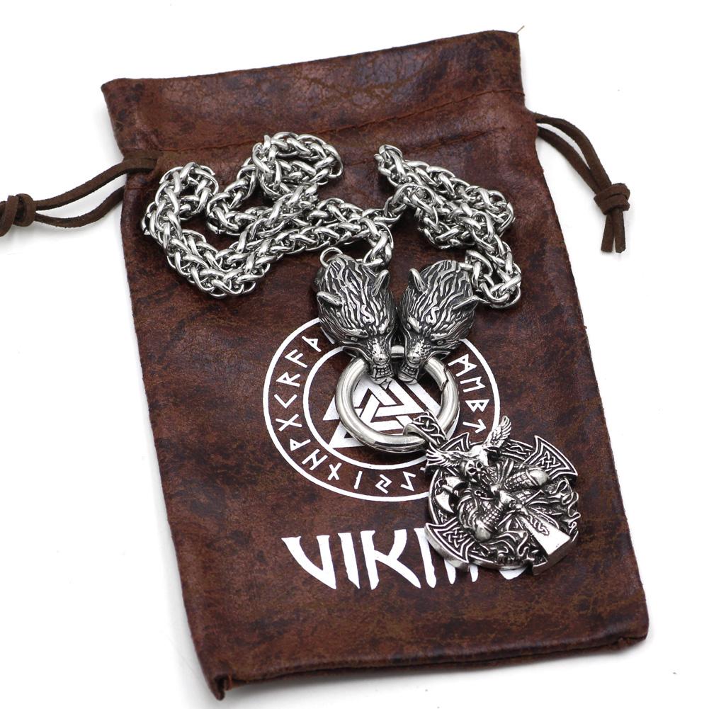 Stainless Steel Wolf Head Necklace with Odin Pendant - VikingsBrand