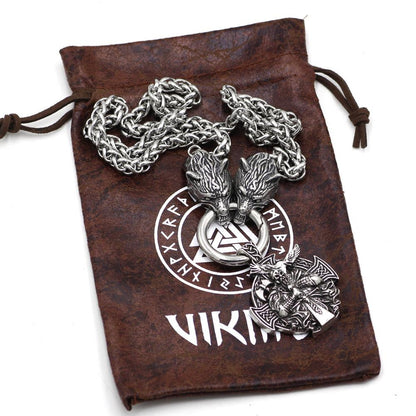 Stainless Steel Wolf Head Necklace with Odin Pendant - VikingsBrand