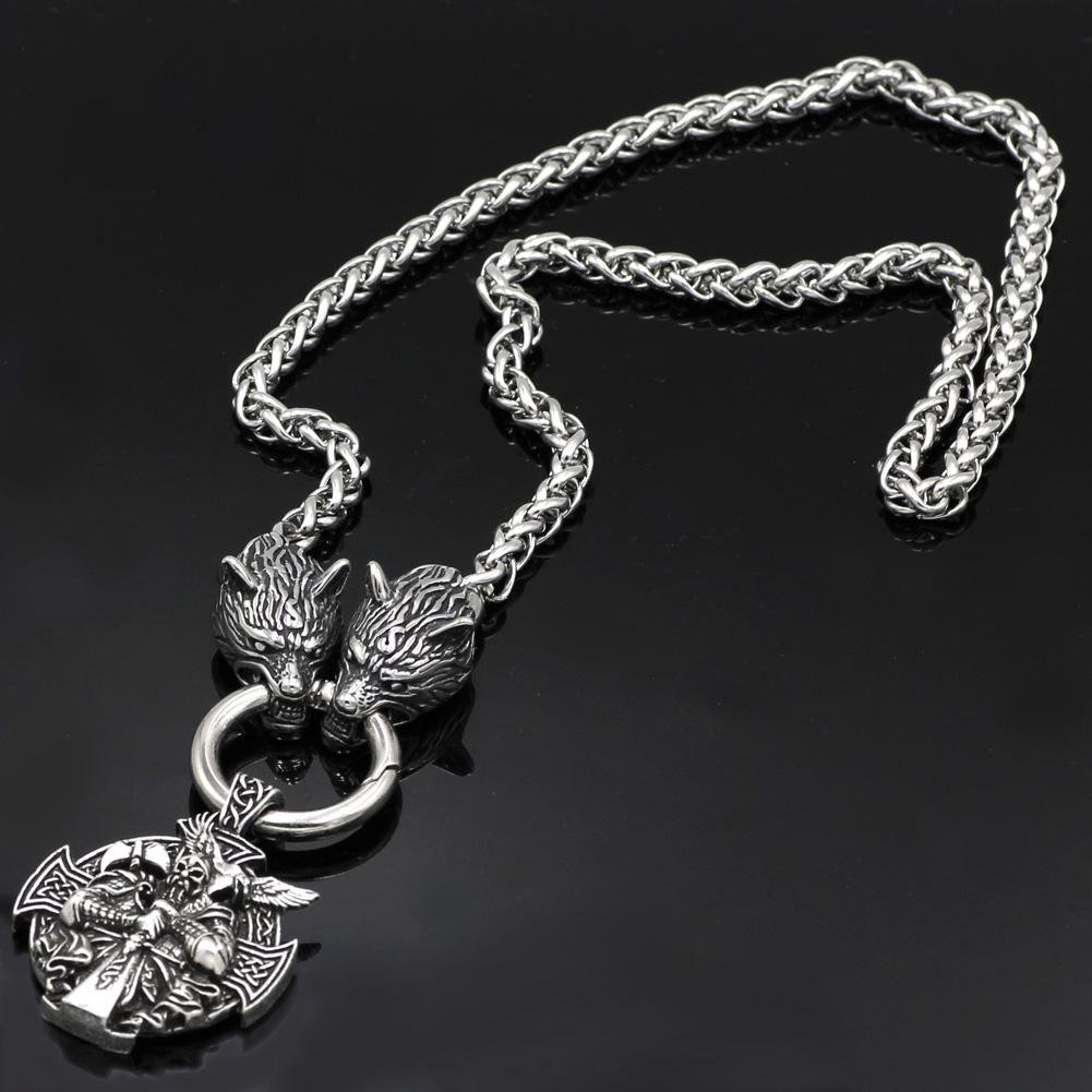 Stainless Steel Wolf Head Necklace with Odin Pendant - VikingsBrand