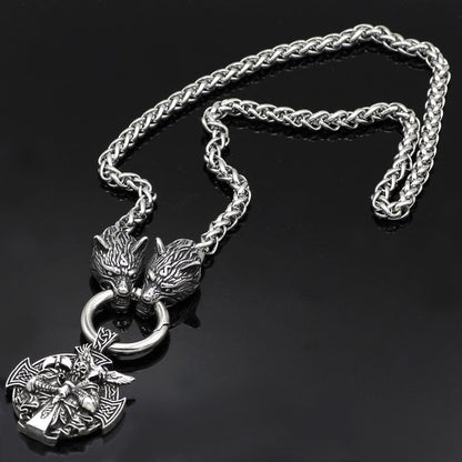 Stainless Steel Wolf Head Necklace with Odin Pendant - VikingsBrand