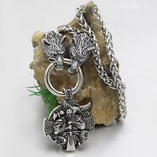 Stainless Steel Wolf Head Necklace with Odin Pendant - VikingsBrand