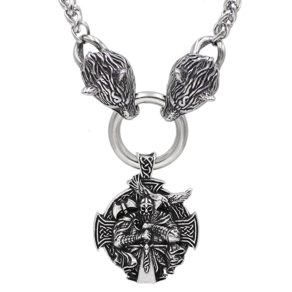 Stainless Steel Wolf Head Necklace with Odin Pendant - VikingsBrand