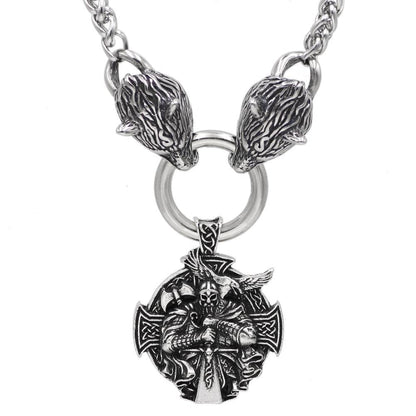 Stainless Steel Wolf Head Necklace with Odin Pendant - VikingsBrand