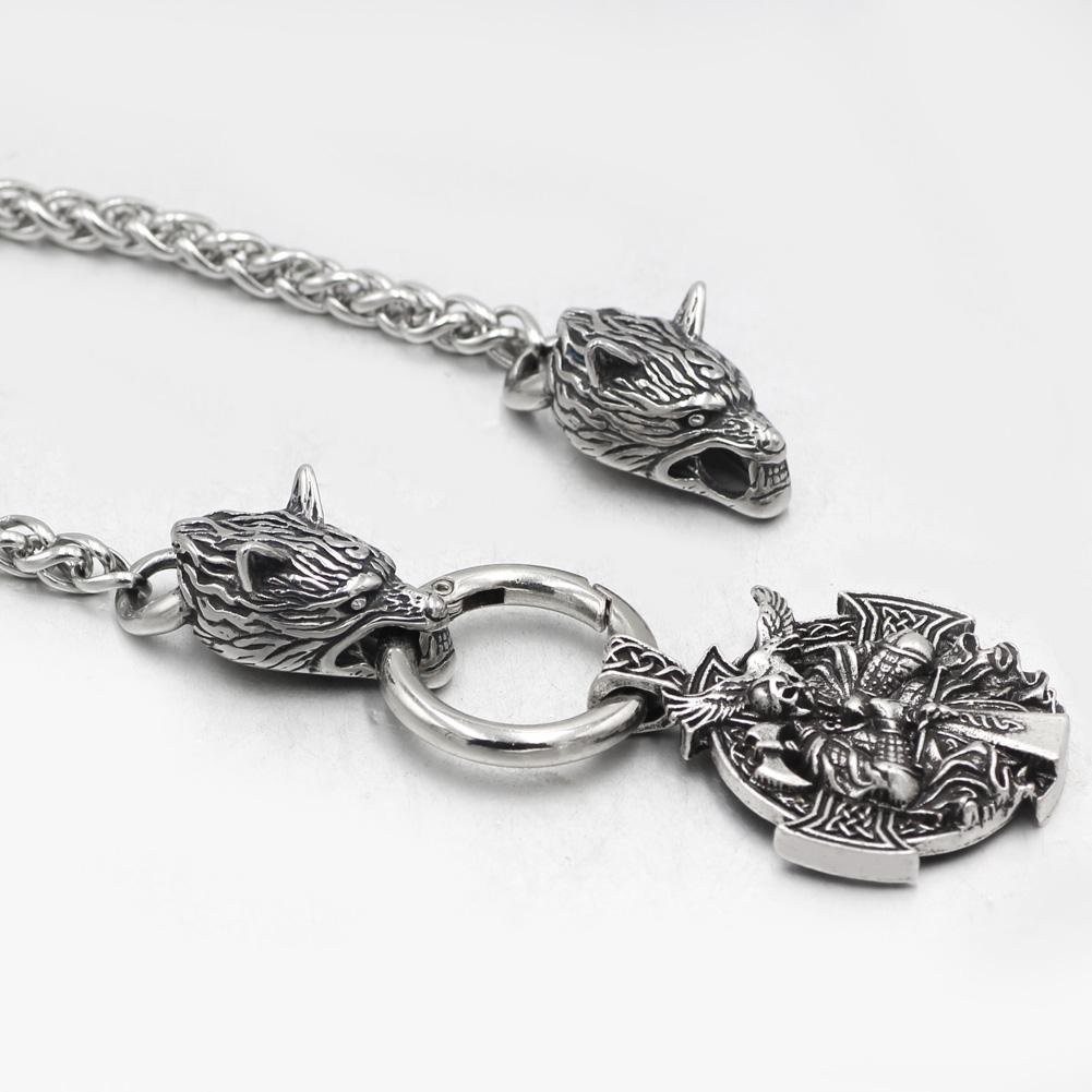Stainless Steel Wolf Head Necklace with Odin Pendant - VikingsBrand