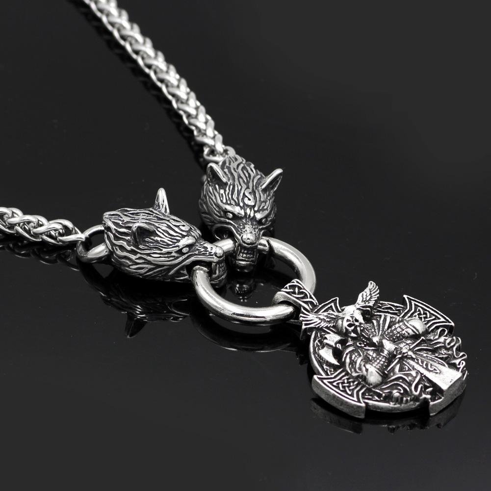 Stainless Steel Wolf Head Necklace with Odin Pendant - VikingsBrand
