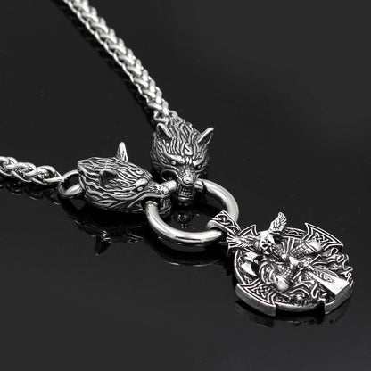 Stainless Steel Wolf Head Necklace with Odin Pendant - VikingsBrand