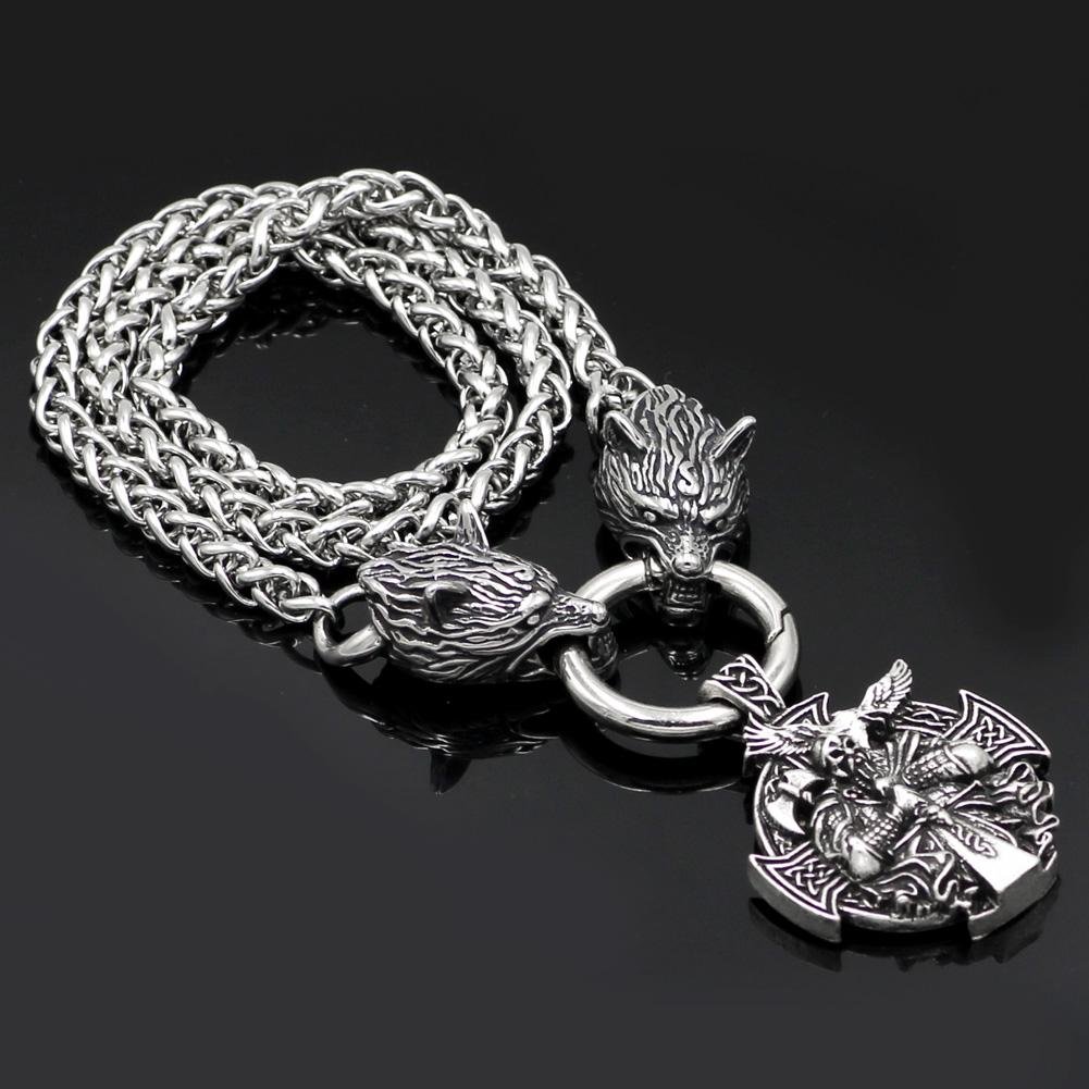 Stainless Steel Wolf Head Necklace with Odin Pendant - VikingsBrand