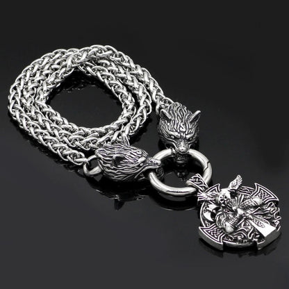 Stainless Steel Wolf Head Necklace with Odin Pendant - VikingsBrand