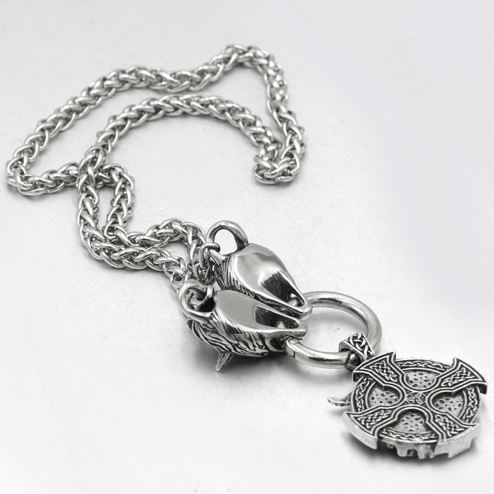 Stainless Steel Wolf Head Necklace with Odin Pendant - VikingsBrand